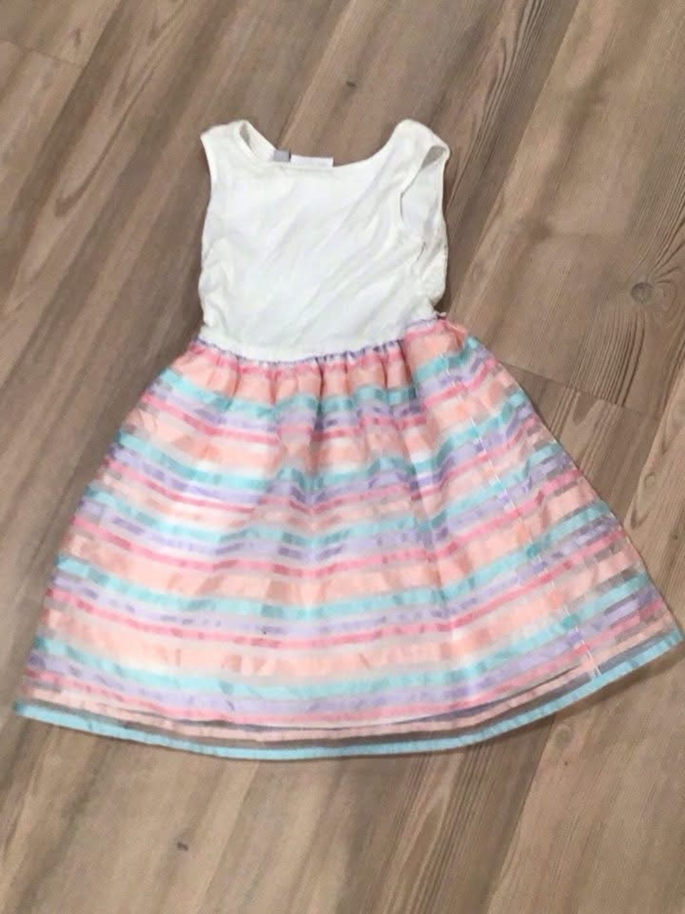 Place Girls White Tank Dress with Pastel Striped Skirt